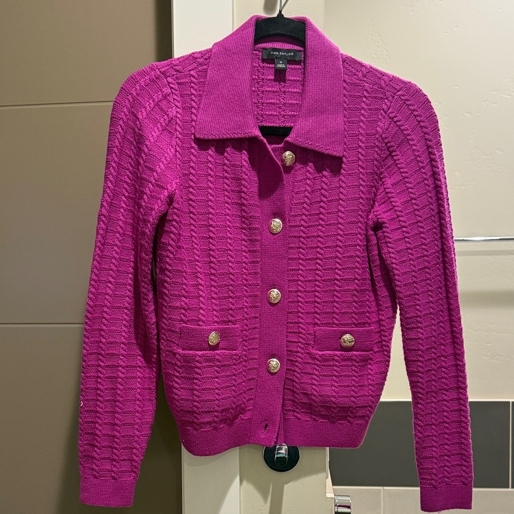Ann Taylor Magenta Cardigan with Gold Buttons